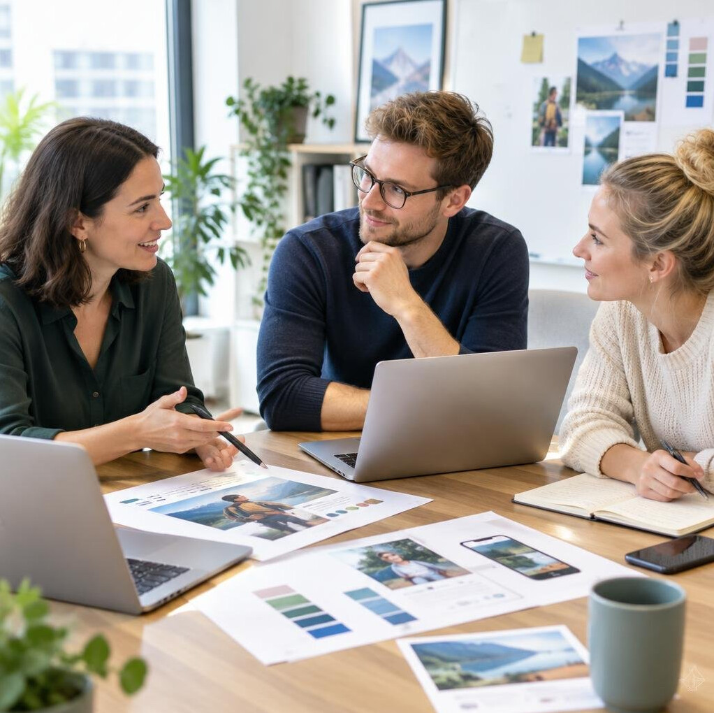 Small team discussing a marketing campaign around a table