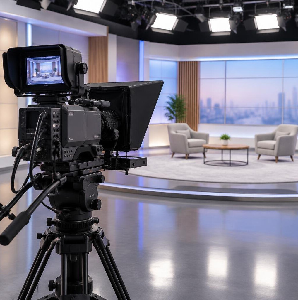 Television studio camera set up for a live broadcast