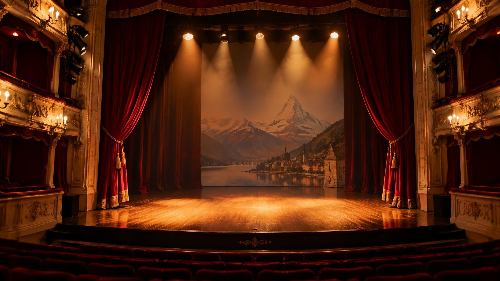 Empty theatre stage lit with warm spotlights before a performance