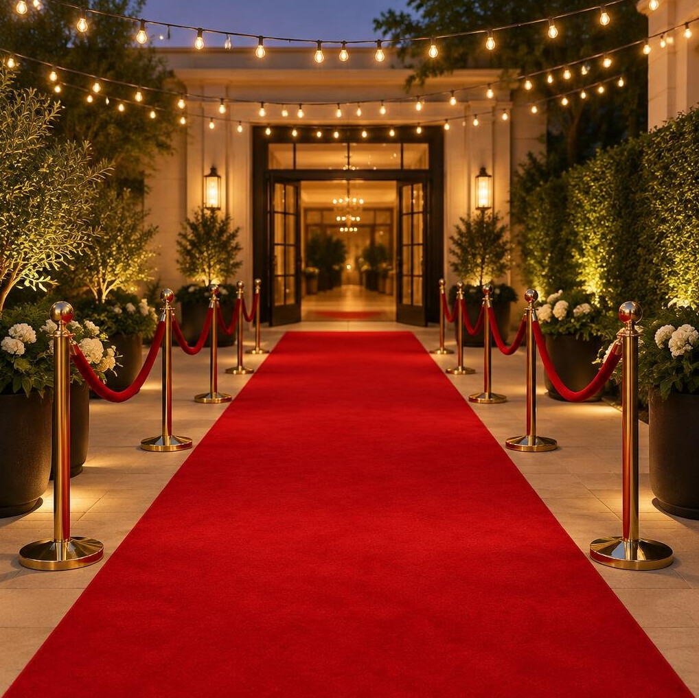 Elegant event entrance with string lights and a red carpet runner