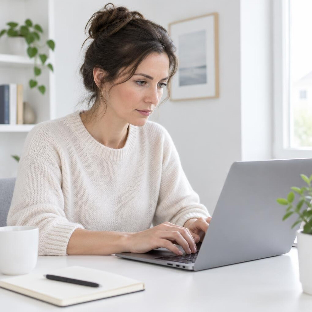 Writer typing an article on a laptop at a bright desk
