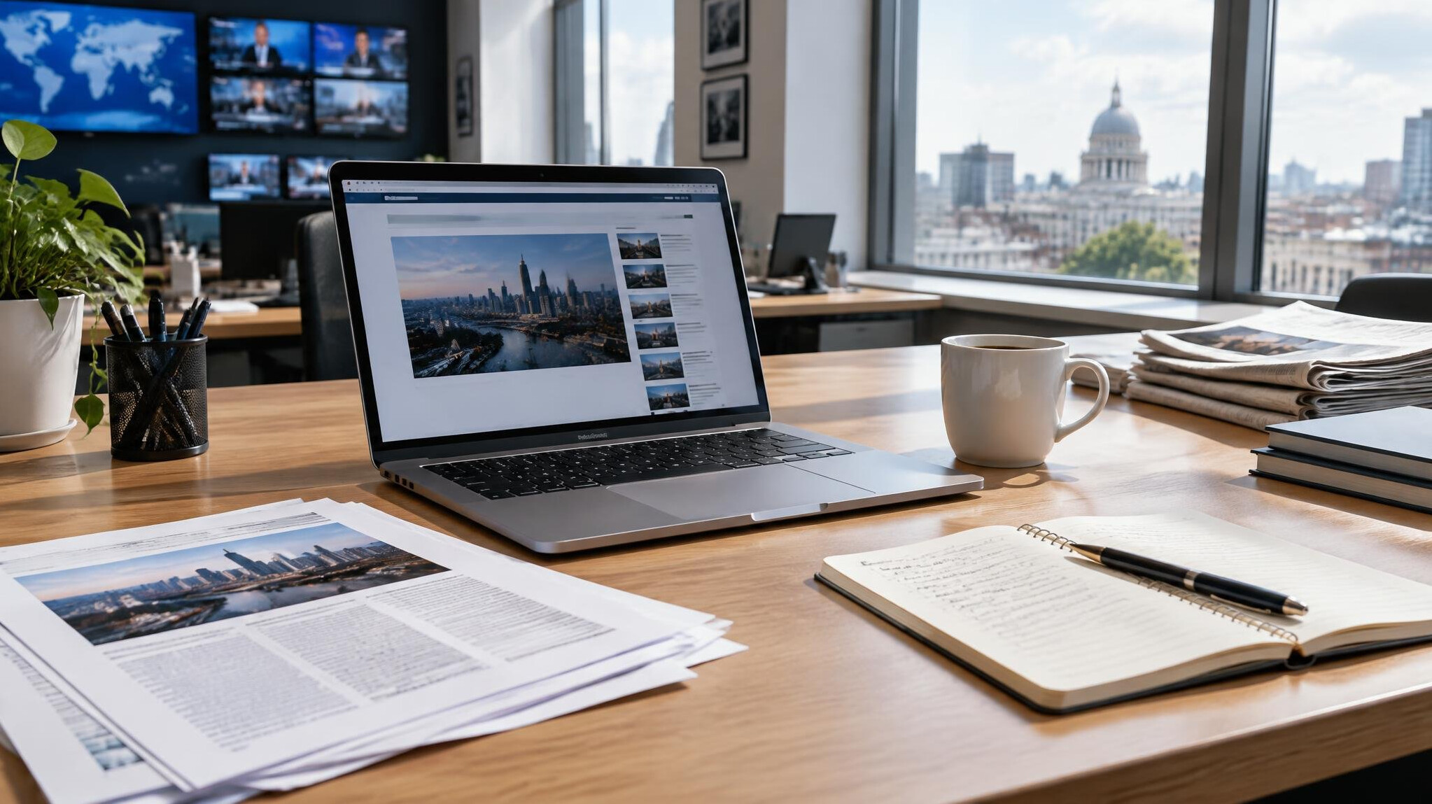 Journalist researching at a desk with notebooks and a laptop