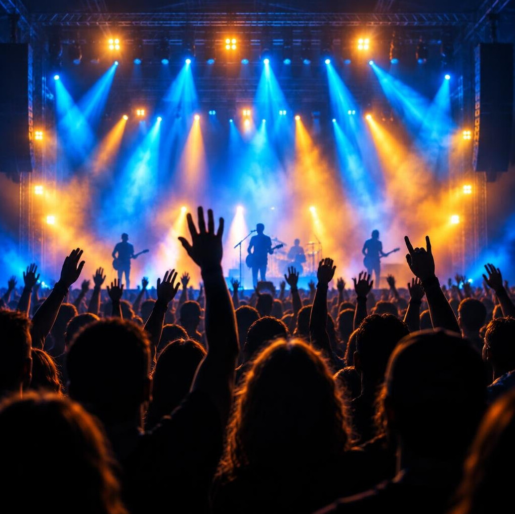 Concert crowd silhouettes under colourful stage lights