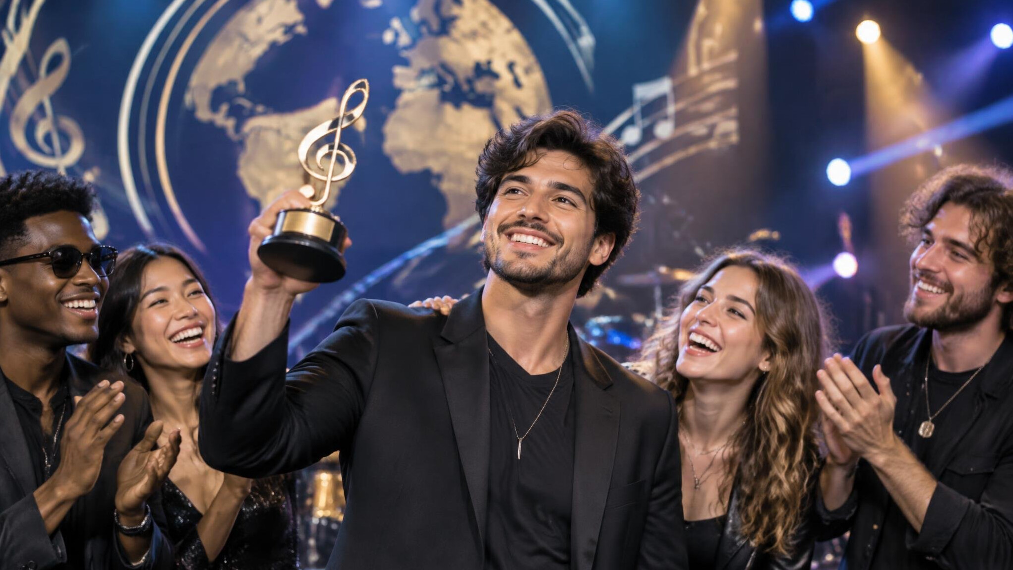 man holding music trophy