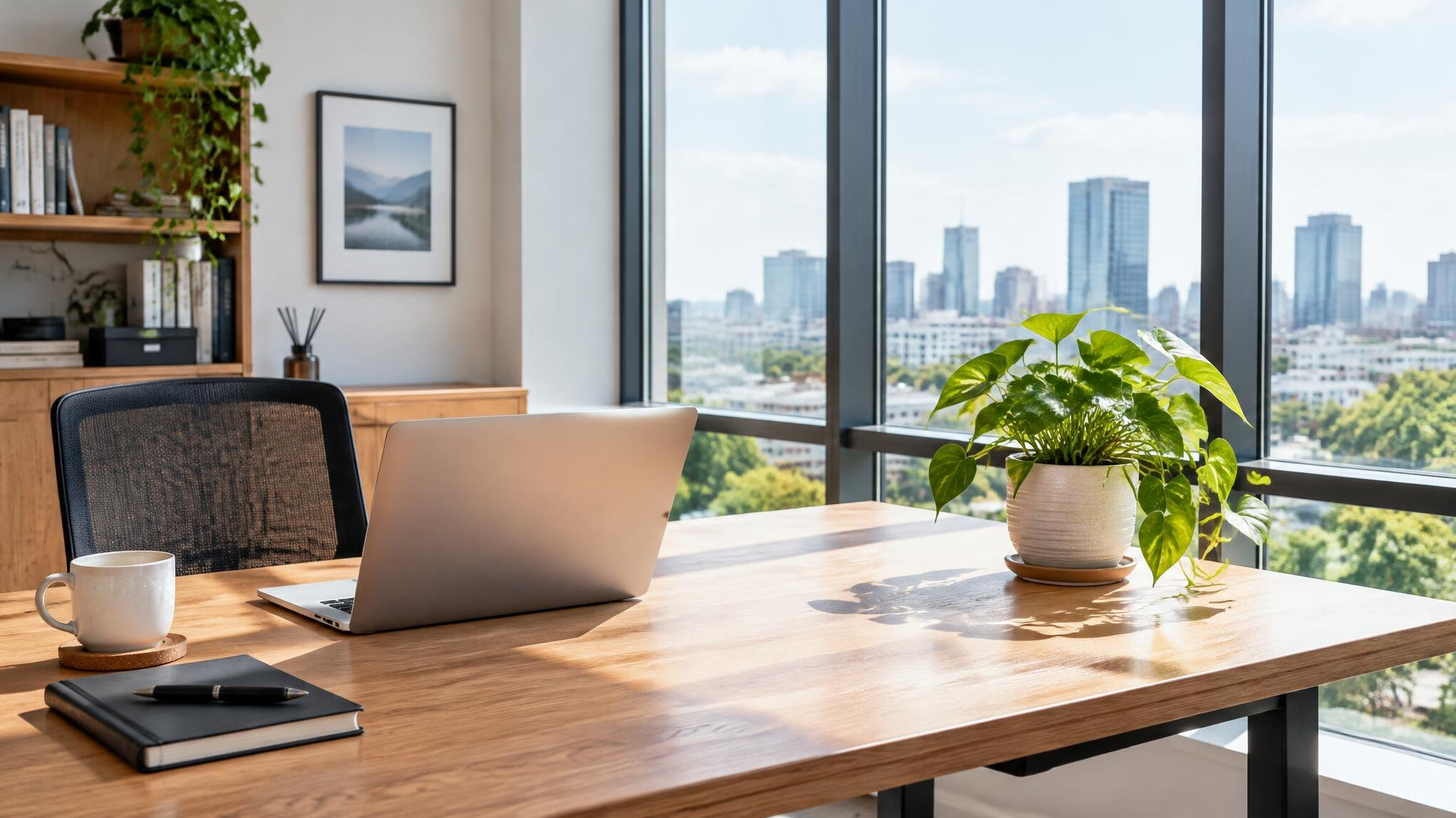Bright modern office workspace with plants and natural light